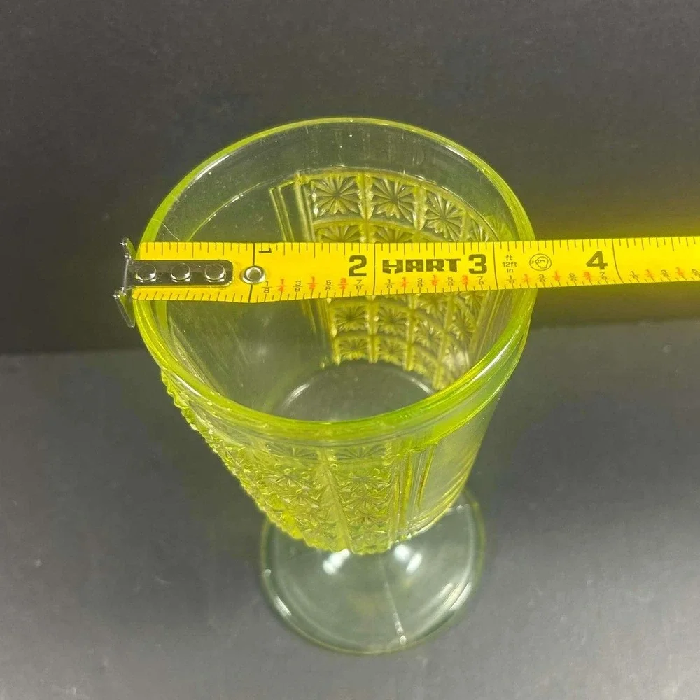 Vaseline Glass Goblet Yellow Green Star Panel Pattern Depression Glass